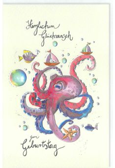 Glückwunschkarte Geburtstag Krake, Seestern, Fische, mit Silberfolie und Blindprägung