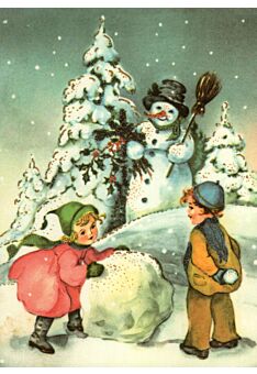 Postkarte Weihnachten nostalgie Junge Mädchen Schneekugel