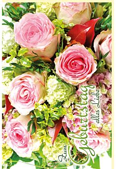Geburtstagskarte bunter Blumenstrauß mit rosa Rosen
