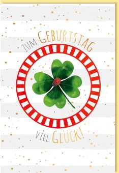 Glückwunschkarte Geburtstag Marienkäfer auf Kleeblatt, Goldfolie