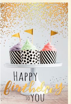 Karte Geburtstag Cupcakes mit Fähnchen auf Tortenständer, mit Goldfolie