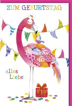 Geburtstagskarte für Kinder Flamingo mit bunten Federn