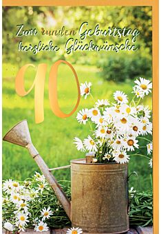 Geburtstagskarte 90 Jahre Gänseblümchen im Becher, mit Goldfolie