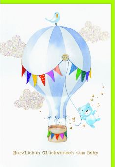 Geburtsglückwunsch: Heißluftballon mit Teddy, Wimpelkette & Glitzerwolken auf Naturkarton