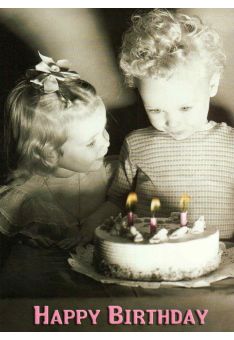 Geburtstagspostkarte zwei Kinder Torte: Happy Birthday
