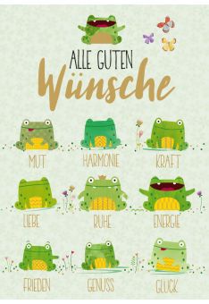 Postkarte Spruch Alle guten Wünsche Frösche Folienprägung