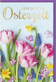 Osterkarte - blühende Tulpen und Nelken