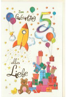 Kindergeburtstag Karte 5Jahre Rakete und Geschenke, Naturkarton, mit Goldfolie und Blindprägung