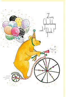 Geburtstagskarte Bär auf Fahrrad mit Luftballons, Naturkarton, mit Goldfolie und Blindprägung
