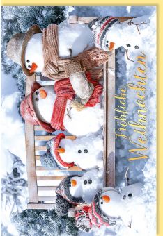 Weihnachtskarte Schneemänner auf Holzbank, mit Goldfolie