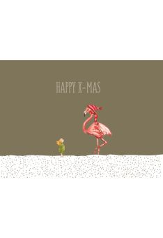 Weihnachtspostkarte Goldfolie Flamingo mit Engel - Happy X-MAS