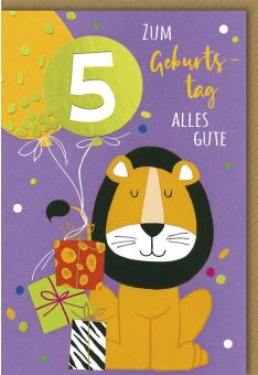 Geburtstagskarte 5. Jahre Löwe mit Geschenken
