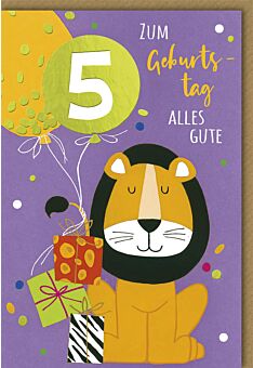 Geburtstagskarte 5. Jahre Löwe mit Geschenken