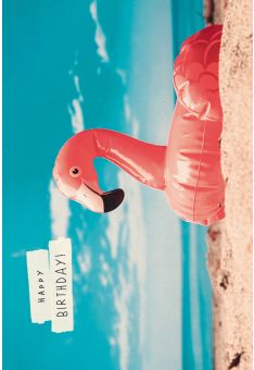 Postkarte Geburtstag Schwimmring Flamingo, Zuckerrohrpapier