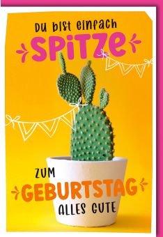 Glückwunschkarte Geburtstag - Kaktus im Topf mit Schriftzug - Du bist einfach spitze zum Geburtstag alles Gute