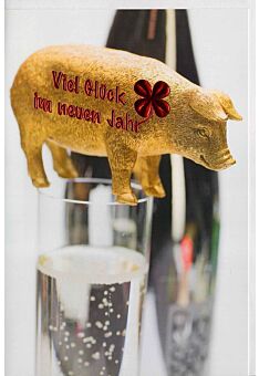 Neujahrskarte Schwein Sektglas