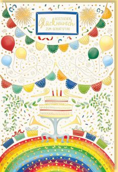 Geburtstagskarte mit Regenbogen, Torte und Luftballons – Naturkarton mit Folien- und Blindprägung
