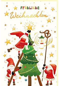 Weihnachtskarte besonders Motiv drei Weihnachtsmänner dekorieren Baum