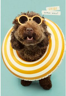 Postkarte Sprüche Grüße Hund mit Sonnenbrille und Schwimmreifen, Zuckerrohrpapier