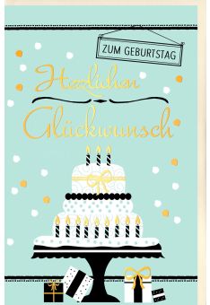 Geburtstagskarte Torte mit Kerzen, Geschenke und Punkte, mit Goldfolie