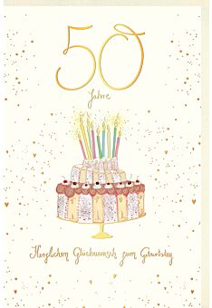 Geburtstagskarte 50 Jahre Geburtstagstorte mit bunten Kerzen, Naturkarton, mit Goldfolie und Blindprägung