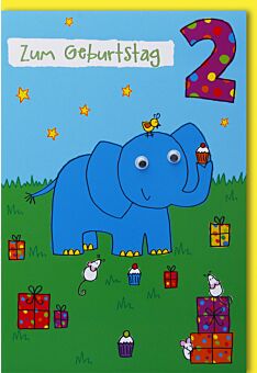 Geburtstagskarte für Kinder 2. Geburtstag Elefant und Mäuse mit Kulleraugen