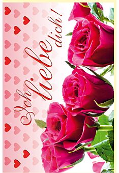 Karte Valentinstag fünf Rosen Herzen im Hintergrund