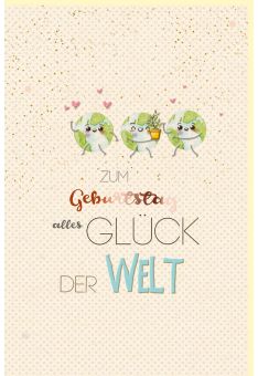 Geburtstagskarte Green Line Weltkugeln, Herzchen, Pflanzentopf, Zuckerrohrpapier