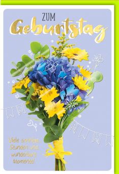 Geburtstagskarten mit Blumen: Farbenfrohe Glückwunschkarte zum Geburtstag mit blau-gelbem Blumenstrauß und herzlichen Wünschen