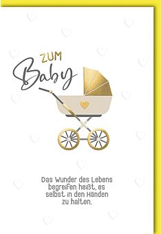 Glückwunschkarte zur Geburt Baby Kinderwagen gold