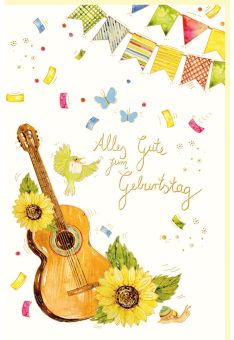 Glückwunschkarte Geburtstag Gitarre, Vogel, Girlande, Sonnenblumen, Naturkarton, mit Goldfolie und Blindprägung