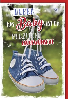 Glückwunschkarten zur Geburt - "Hurra, das Baby ist da! Herzliche Glückwünsche" mit niedlichen Babyschuhen Design