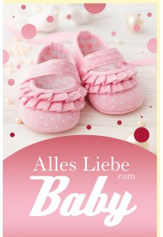 Glückwunschkarte Geburt Babyschuhe, mit schimmerndem Rosaeffekt