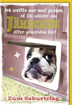 Geburtstagskarte witzig Hundekopf in Katzenklappe