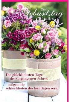 Glückwunschkarte Geburtstag Rosen und Nelken im Tongefäß