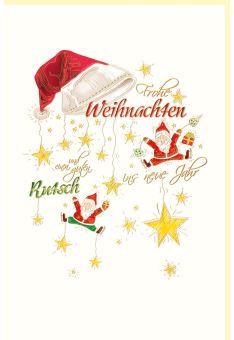 Weihnachtsgrußkarte Naturkarton Weihnachtsmütze und zwei kleine Weihnachtsmänner