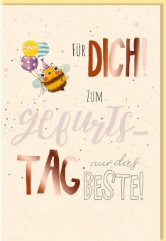 Glückwunschkarte Geburtstag Hummel mit Luftballons, Zuckerrohrpapier