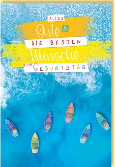 Geburtstagskarte: Alles Gute & die besten Wünsche über türkisfarbenem Meer mit bunten Surfbrettern