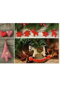 Weihnachtskarte Traditionell Merry Christmas vier Bilder Pferd rechts