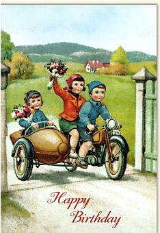 Geburtstagskarte retro Happy Birthday Kinder auf Motorrad