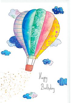 Karte Geburtstag Heißluftballon, Wolken, Naturkarton, mit Goldfolie und Blindprägung