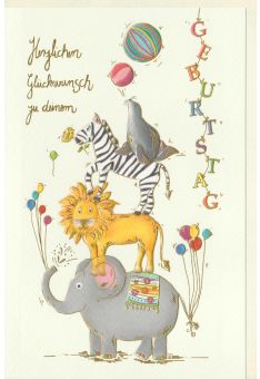 Kinder Geburtstagskarte Elefant, Löwe, Zebra, Robbe bilden eine Räuberleiter, Naturkarton, mit Goldfolie und Blindprägung