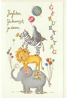 Kinder Geburtstagskarte Elefant, Löwe, Zebra, Robbe bilden eine Räuberleiter, Naturkarton, mit Goldfolie und Blindprägung