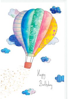 Karte Geburtstag Heißluftballon, Wolken, Naturkarton, mit Goldfolie und Blindprägung