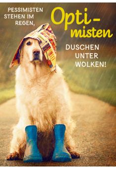 Postkarte Sprüche Mut Pessimisten stehen im Regen, Optimisten duschen unter Wolken