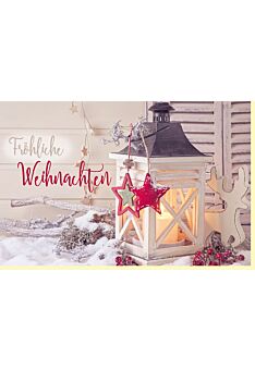 Weihnachtskarte Kerze im Holzhaus weiß Fröhliche Weihnachten