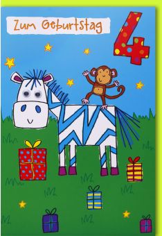 Geburtstagskarte für Kinder 4. Geburtstag Zebra und Äffchen