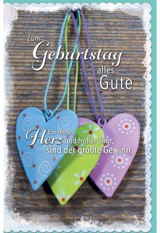 Glückwunschkarte Geburtstag 3 Herzen, gestanzt, welliger Rand
