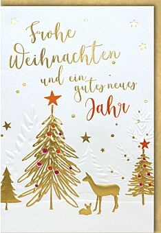 Weihnachtskarte Spruch Frohe Weihnachten und ein gutes neues Jahr Reh Tanne