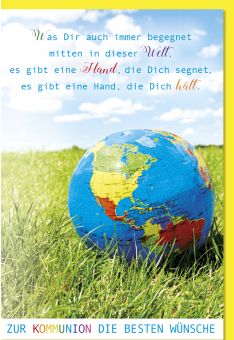 Glückwunschkarte Kommunion Erdkugel Spruch